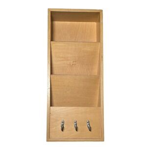 Natural Wood Wall Mounted Mail Organizer 3 Tier Letter Holder with 3 Key Hooks